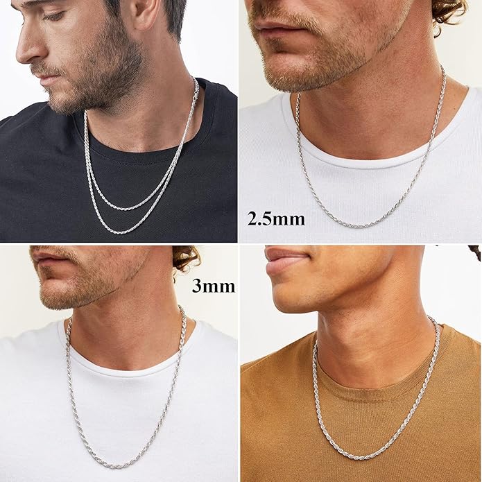 Avotto 925 Sterling Silver Solid 2.5mm 3mm Rope Chain Necklace for Men Boys, Sturdy Non-Fading Mens Boys Silver Chain Jewelry Gifts for Him 14/16/18/20/22/24 Inch