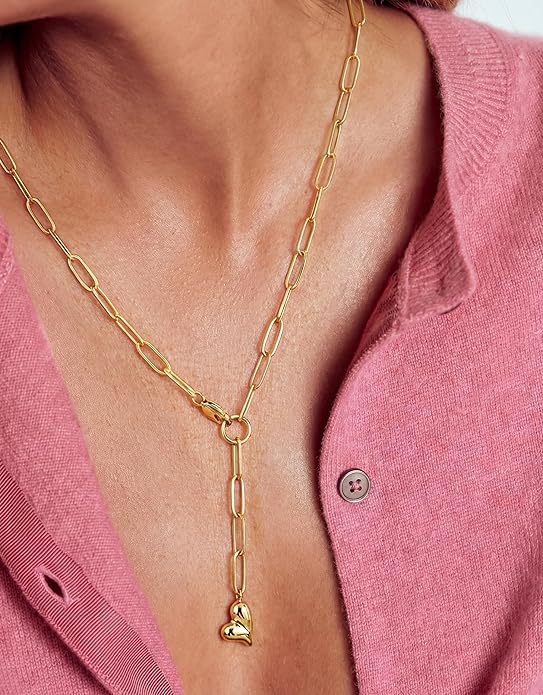 UBGICIG Honeycomb Layered Pendant Necklaces for Women Stackable, Dainty Y-Shaped Lariat Paperclip Pearl Heart Necklace, 16K Gold Silver Plated Long Necklaces Women's Trendy Drop Chain Necklace Jewelry