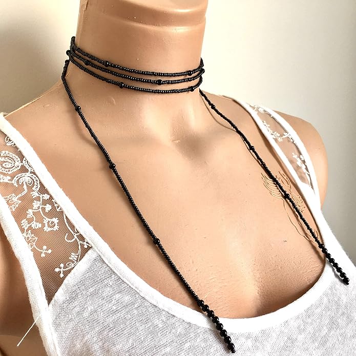 Wrapped Necklace, Black Seed Bead Jewelry, Long Layered Necklace, Tie chokier, Boho Wrapped Choker, Lariat Necklace, Christmas Gift Women