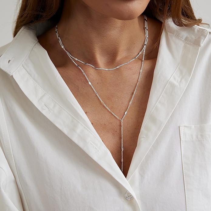 Gold Y Necklace for Women 14K Gold Plated Y-Shaped Drop Necklaces CZ Long Necklace Cubic Zirconia Pendant Layered Long Lariat Necklace Women Jewelry