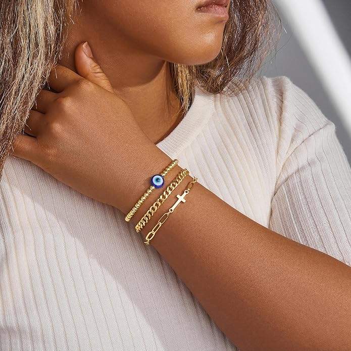 Gold Bracelets for Women Non Tainish,Dainty Bracelets Stack for Women Trendy, Gold Plated Cuff Bracelets Stack With Beaded Cuban Paperclip Snake Rope Bangle Hand Chain Jewelry Gifts for Women