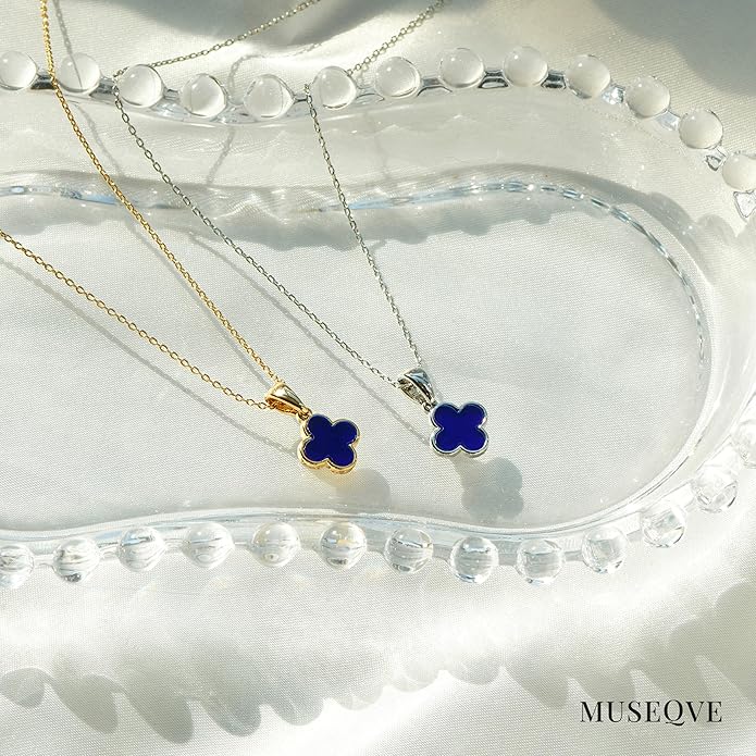 MUSEQVE Four Leaf Clover Necklace for Women Dainty Mother of Pearl White Black Onyx Pink Blue Mint Green Crystal Lucky Clover Pendant 14K Gold Plated Jewelry Gifts [CVRN]