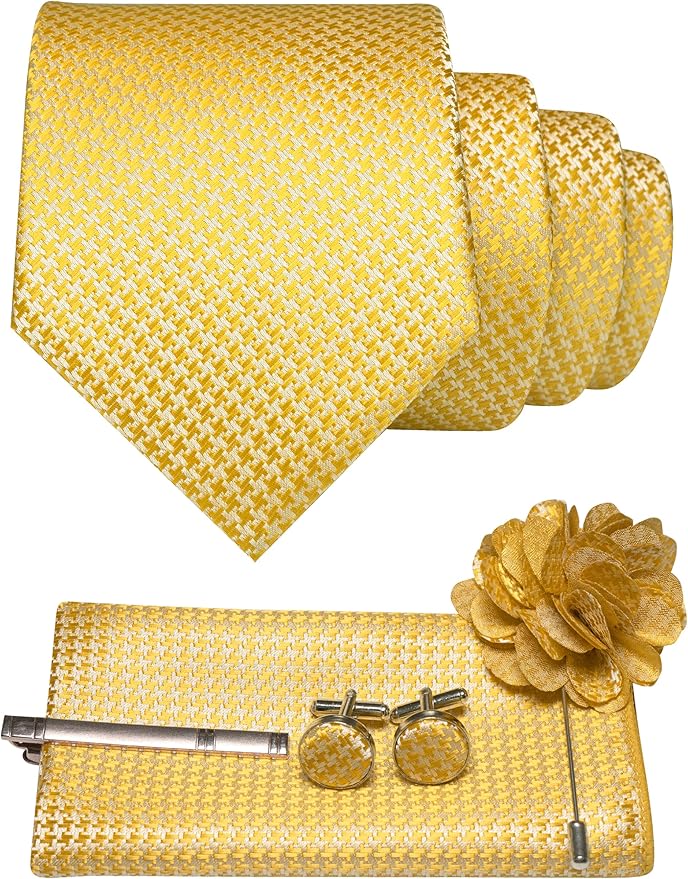 JEMYGINS Mens Tie and Pocket Square,Lapel Pin,Cufflinks,Tie Clip Sets with Gift Box 5PCS