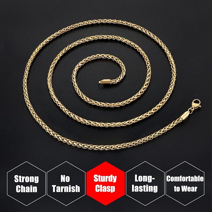 Fiusem Wheat Chains for Men and Women, 2/2.5/3/4/5mm Silver Tone/14K Gold Plated/Black Necklace Chain, Stainless Steel Mens Necklace 16-28 Inch