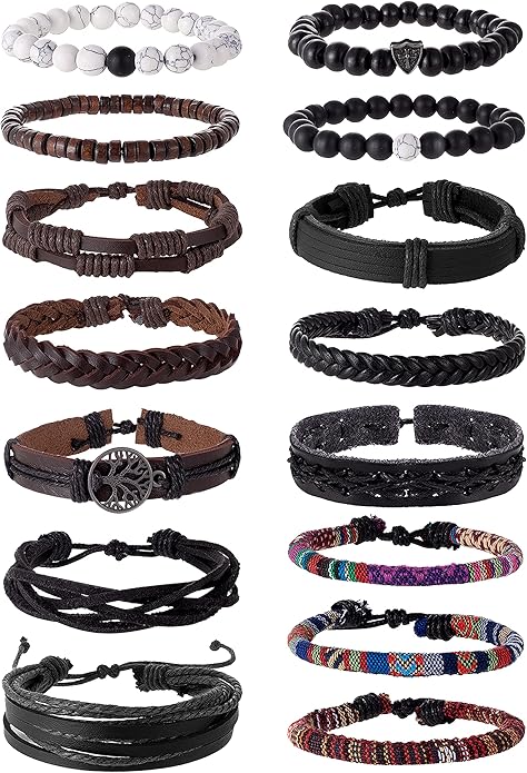Tornito 15Pcs Braided Leather Bracelet Boho Cuff Wrap String Wood Bead Woven Ethnic Stretch Wristbands Bracelets Set for Men Women Size Adjustable