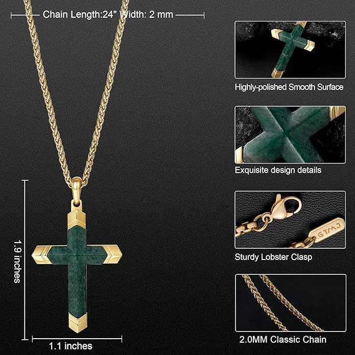 GTMJ Cross Necklace for Men -Stainless Steel & Gemstone Adjustable Box Chain 24-26in, Spiritual Jewelry Gift for Him, Everyday Wear