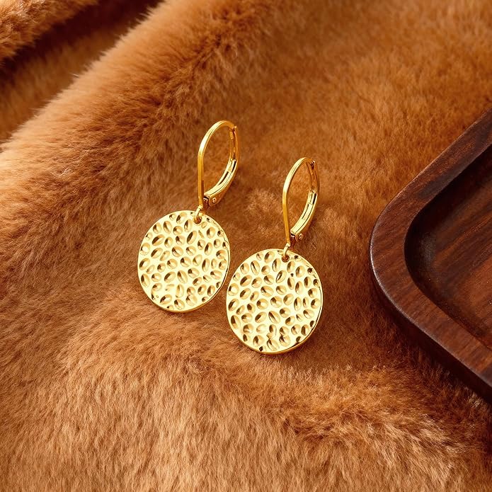 ALEXCRAFT 925 Sterling Silver Dangle Earrings for Women, 14K Gold Plated Geometric Flat Round Disc Hammered Coin Drop Earring Hypoallergenic Lightweight Leverback Earrings for Women Trendy Jewelry