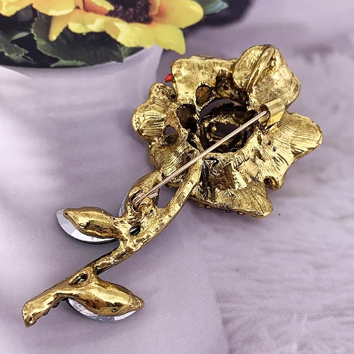 SELOVO Women Rose Flower Red Rhinestone Bling Brooch Pin Gold Tone