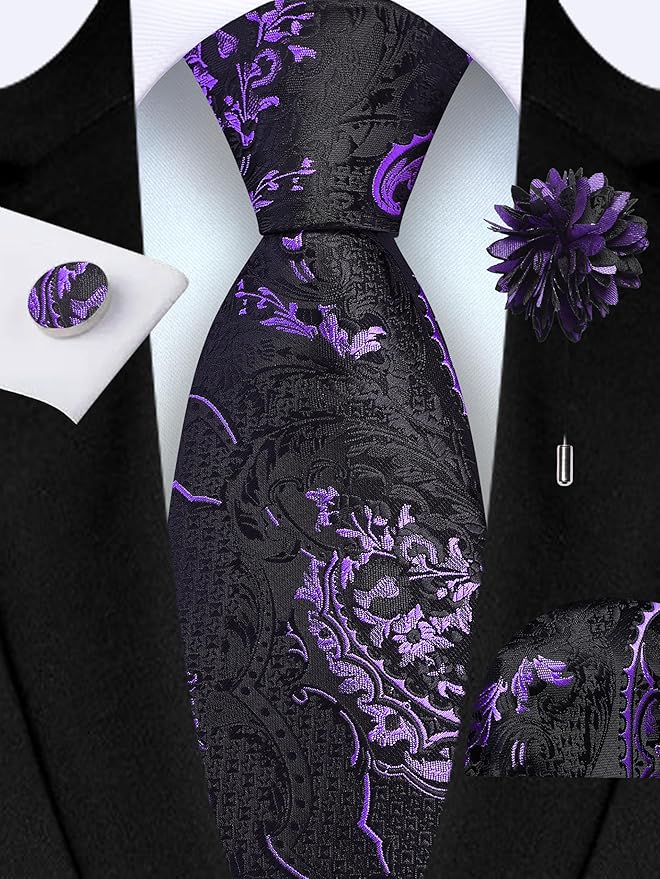 GUSLESON 8cm Paisley Tie Set for Men Necktie Lapel Pin Pocket Square Cufflinks Set for Men