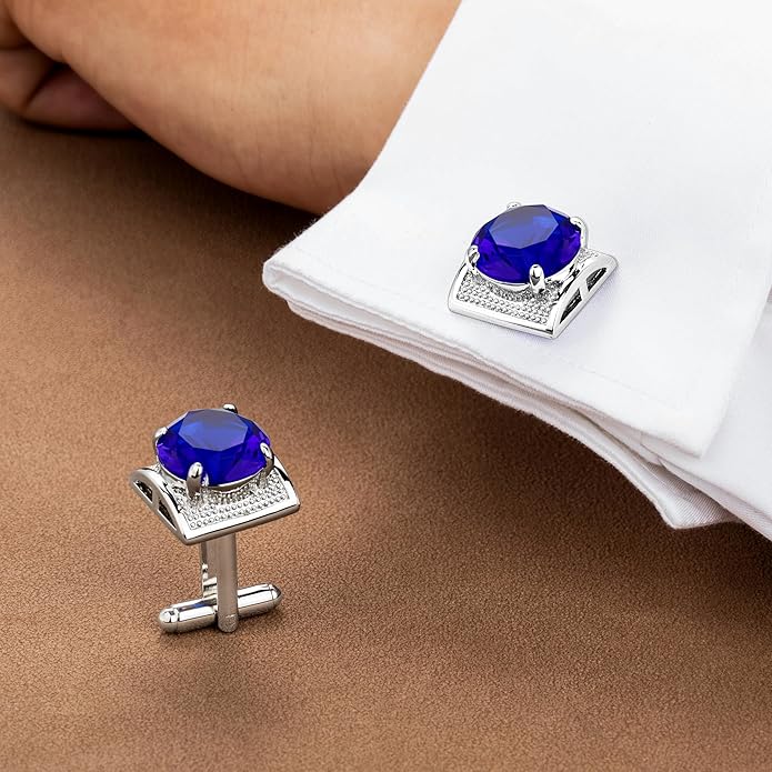 HAWSON Large Silver Birthstone Cuff Links Mens, Colorful Gem Cufflinks for Shirt Suit Accessories, Birthday Anniversary Wedding Gifts for Groommens Husband Father