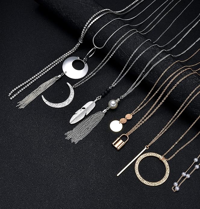 10Pcs Long Pendant Necklace Simple Moon Bar Three Triangle Tassel Lock Sweater Y Shape Punk Chain Choker Necklace for Women Men Gold Silver Plated