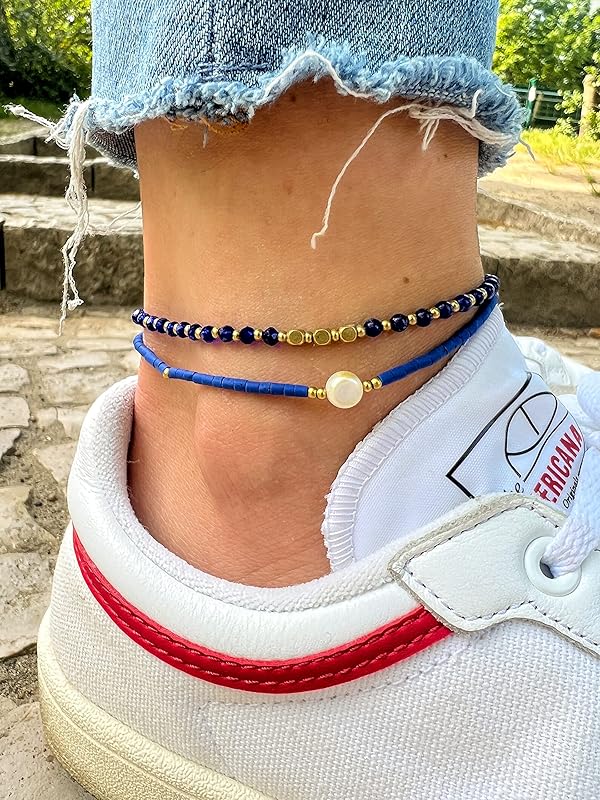 Made by Nami Boho Surfer Anklet Waterproof & Adjustable Beaded Anklets for Women Beachy Ankle Bracelet Made from Waxed Cotton Rope and Beads for Summer and Hippie Style (Blue Pearl)