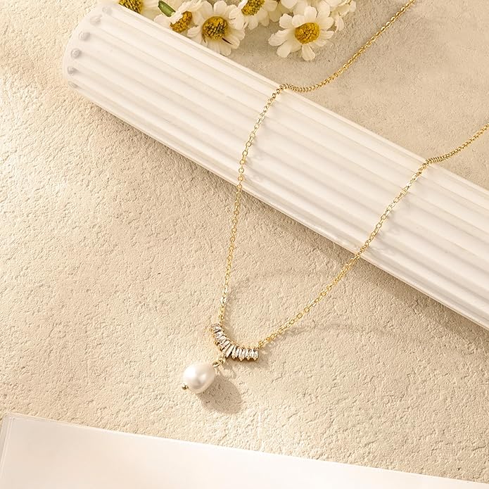 Pearl Necklace for Women Trendy,14k Gold Plated Necklace Dainty Wedding Necklace Small Cute Choker Necklace Beaded Lariat Drop Necklace Vintage Waterproof Jewelry for Women Gold Jewelry Fashion Gifts