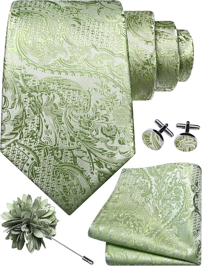 GUSLESON 8cm Paisley Tie Set for Men Necktie Lapel Pin Pocket Square Cufflinks Set for Men