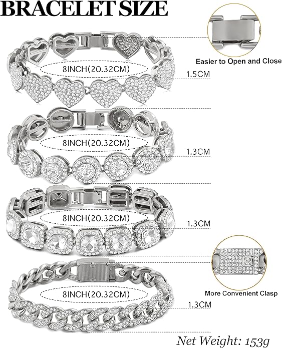 shopbyskyler 4PCS Gold Bracelets for Women Silver Clustered Tennis Bracelet for Women Heart Round Diamond Cuban Bracelet Layered Link Bracelet Set Fashion Jewelry for Women Set