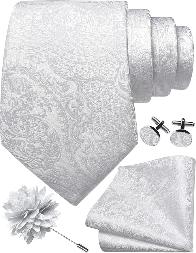 GUSLESON 8cm Paisley Tie Set for Men Necktie Lapel Pin Pocket Square Cufflinks Set for Men