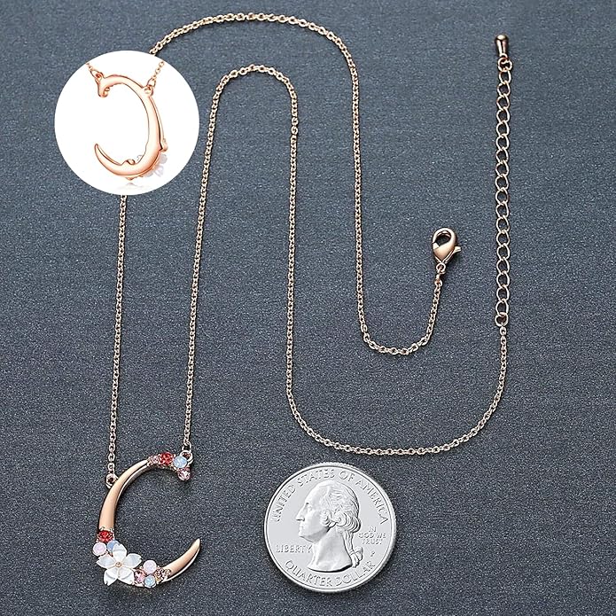 Flower Initial Letter Necklace Pink Red Blue Simulated Pearl Pendant Name Jewelry Made with Austrian Crystals Rose Gold Plated Anniversary Birthday Gifts for Women,18"+2"