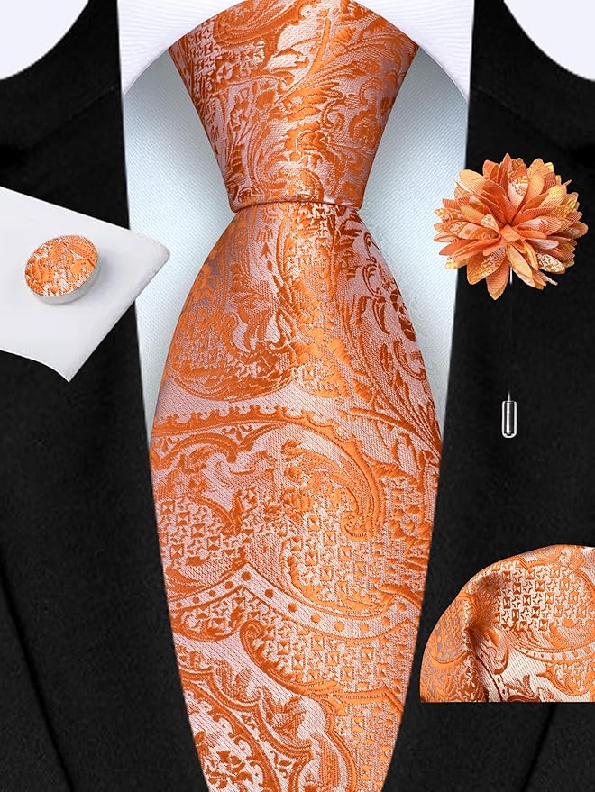 GUSLESON 8cm Paisley Tie Set for Men Necktie Lapel Pin Pocket Square Cufflinks Set for Men
