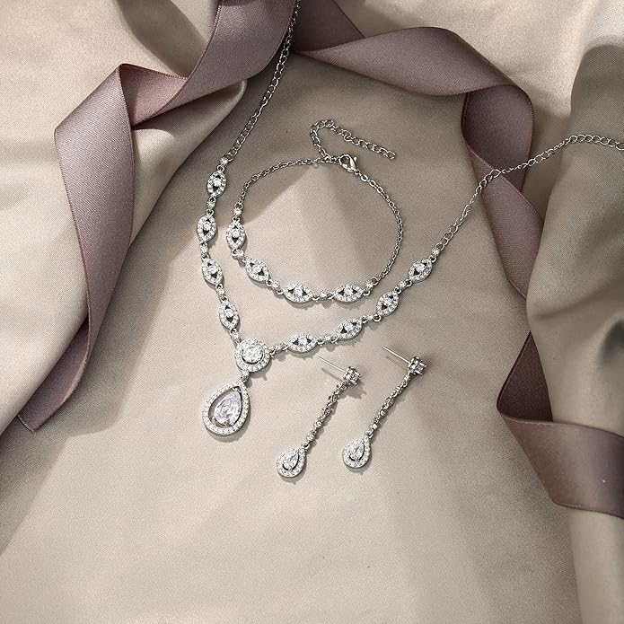 EVER FAITH Bridal Jewelry Set for Women, Stunning Teardrop Cubic Zirconia Birthstone Necklace Bracelet Earrings Sets Gift for Mothers Day/Valentines/Birthday/Christmas