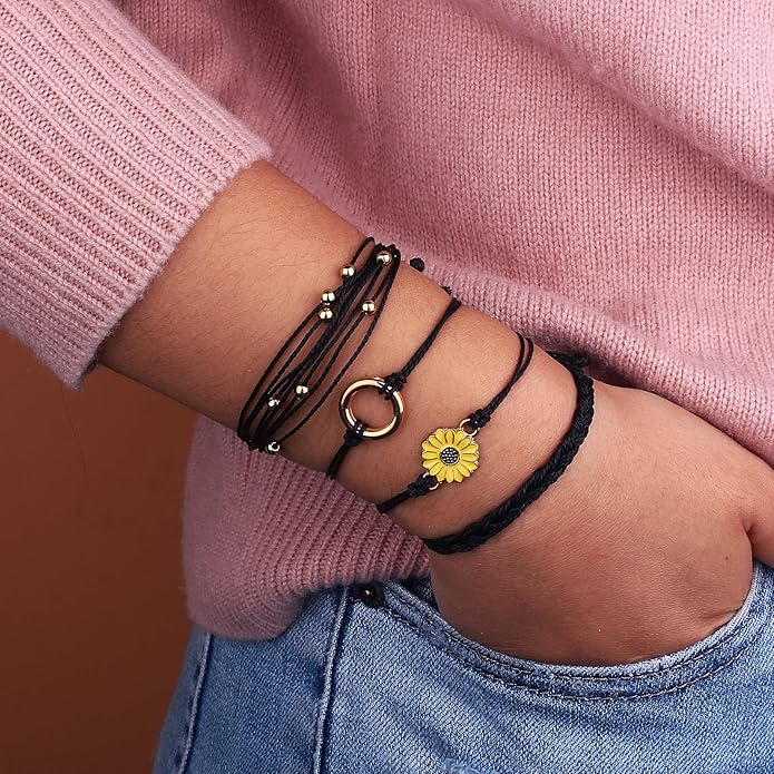 FANCY SHINY Sunflower String Bracelet Boho Braided Rope Wrap Bracelets Cute Summer Beach Surfer Jewelry for Women