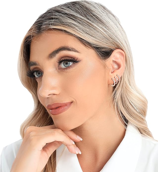 3 Pairs 925 Sterling Silver Hoop Earrings 14K White Gold Plated Small Silver Hoops Cartilage Huggie Earrings for Women Men