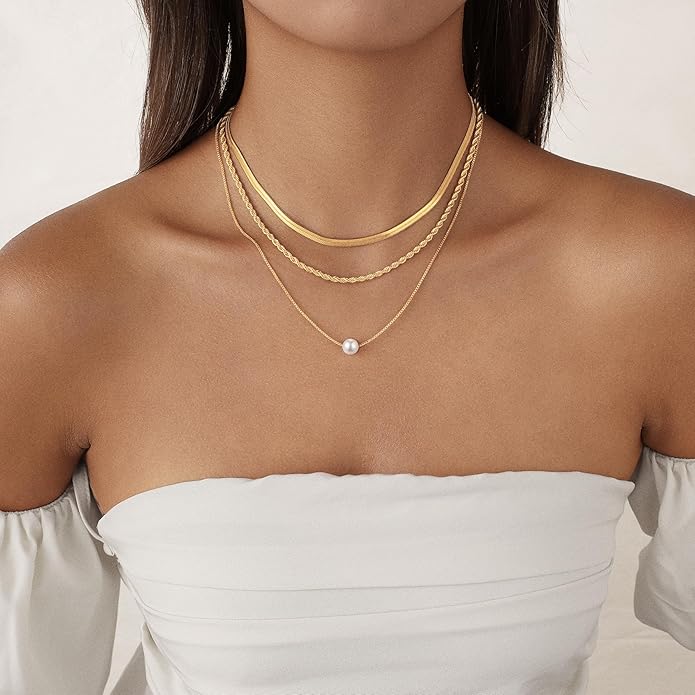 Layered Gold Necklace for Women Trendy 14K Gold Plated Heart CZ Pendant Layered Gold Necklaces Set Coin Choker Necklaces Simple Circle Cubic Zirconia Pearl Necklace Stack Herringbone Paperclip Chain Jewelry Set