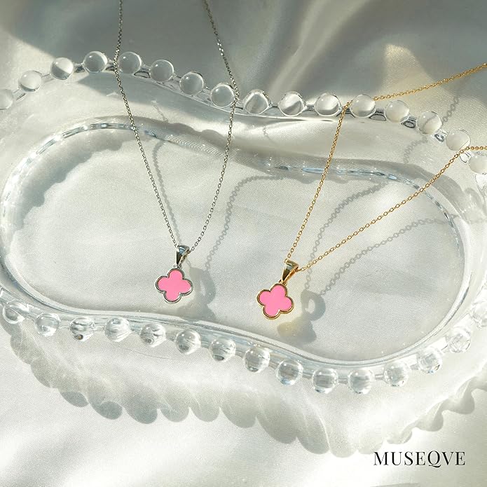MUSEQVE Four Leaf Clover Necklace for Women Dainty Mother of Pearl White Black Onyx Pink Blue Mint Green Crystal Lucky Clover Pendant 14K Gold Plated Jewelry Gifts [CVRN]
