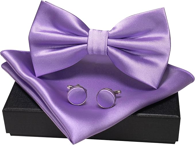 JEMYGINS Solid Color mens Pre-tied Bow Tie and Pocket Square Cufflinks Sets with Gift Box