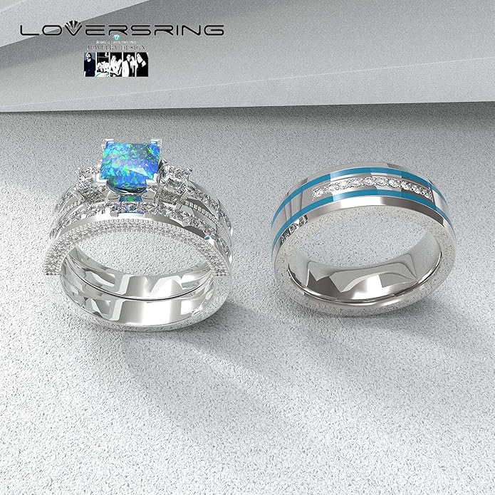 TWO RINGS Wedding Ring Sets His And Hers Promise Ring Couples Bridal Sets Women 925 Sterling Silver square Cz Man Stainless Steel Brushed Finished Wedding Bands