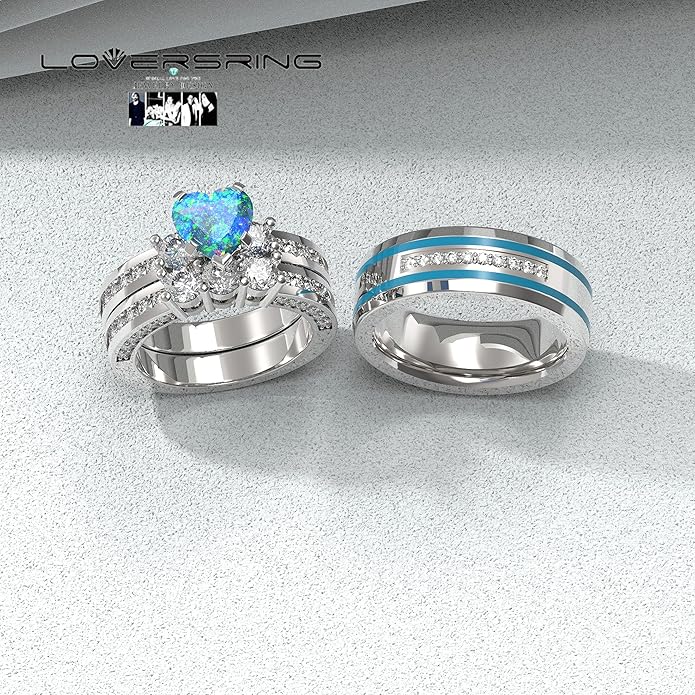 TWO RINGS Wedding Ring Sets His And Hers Promise Ring Couples Bridal Sets Women 925 Sterling Silver square Cz Man Stainless Steel Brushed Finished Wedding Bands