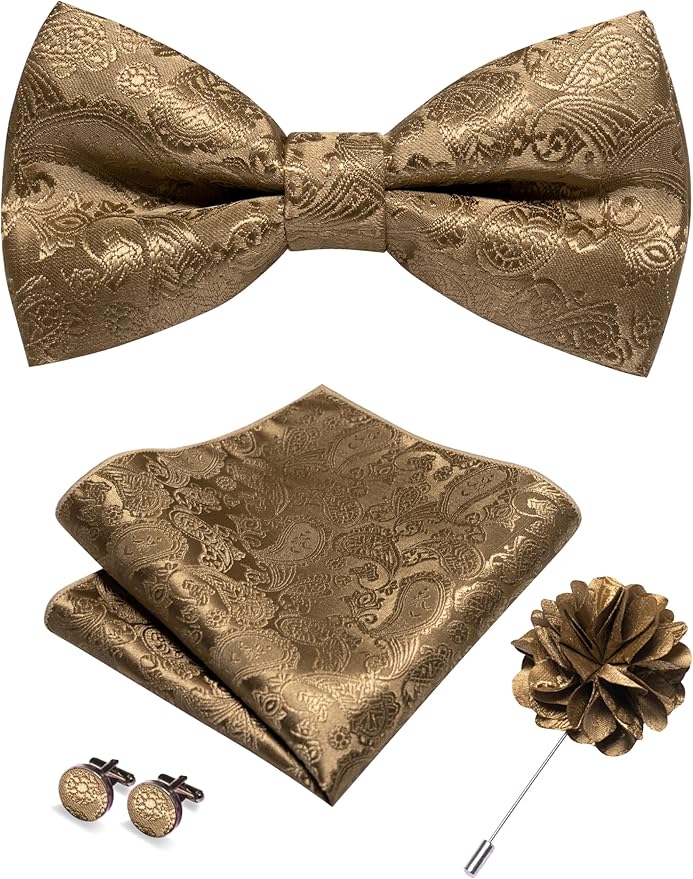 JEMYGINS Paisley Pre-tied Bow Tie and Pocket Square Cufflinks Lapel Pin Sets for Men 4PCS
