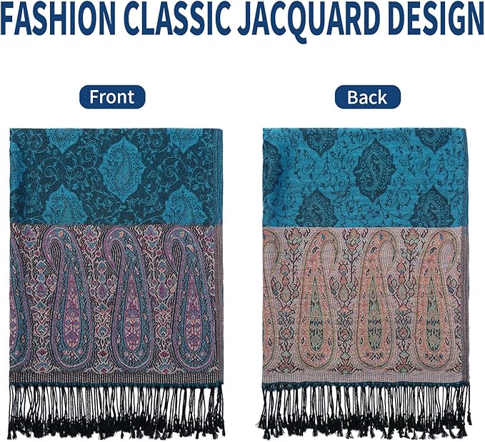 QIUTIMIY Paisley Pashmina Shawl Wrap Women Reversible Vintage Jacquard Pashmina Rave Scarf with Fringe for Evening, Wedding