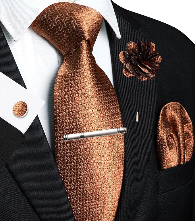 JEMYGINS Mens Tie and Pocket Square,Lapel Pin,Cufflinks,Tie Clip Sets with Gift Box 5PCS