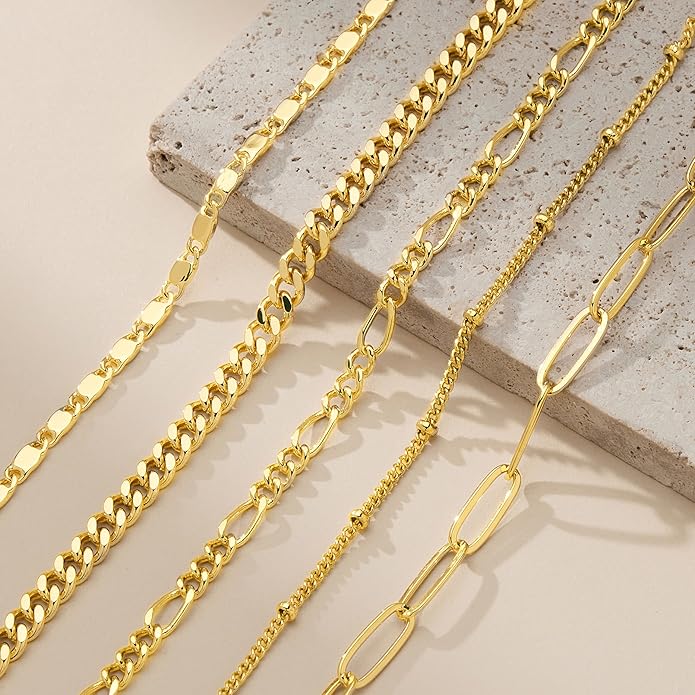 Gold Bracelets for Women Trendy,14K Gold Plated Dainty Stackable Paperclip Cuban Link Chain Bracelets, Simple Cute Cuff Bracelets Jewelry Set Adjustable 7"+2"