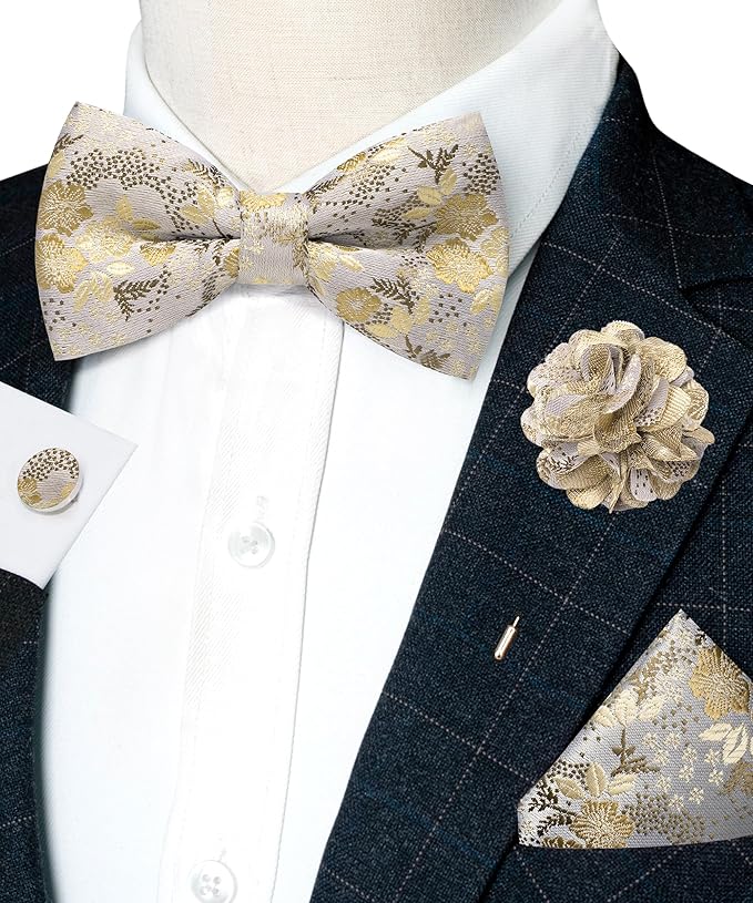 JEMYGINS Floral Pre-tied Bow Tie and Pocket Square Cufflinks Lapel Pin Sets for Men 4PCS