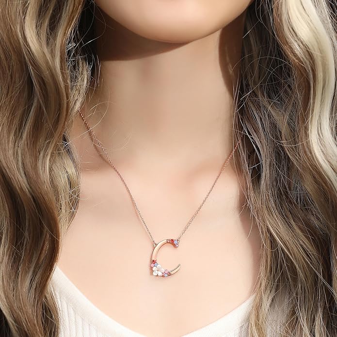 Flower Initial Letter Necklace Pink Red Blue Simulated Pearl Pendant Name Jewelry Made with Austrian Crystals Rose Gold Plated Anniversary Birthday Gifts for Women,18"+2"