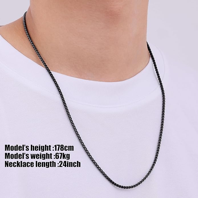 Fiusem Box Chain for Men, Silver Tone/14K Gold Plated/Black Stainless Steel Necklace for Men and Women, Width 2/2.5/3/4/5mm, Length 18-28 Inches