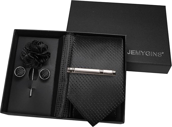 JEMYGINS Mens Tie and Pocket Square,Lapel Pin,Cufflinks,Tie Clip Sets with Gift Box 5PCS