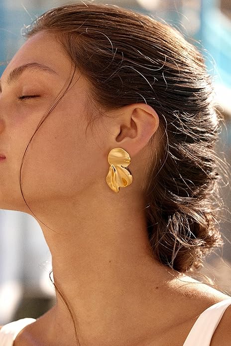 Chunky Gold Statement Earrings For Women Gold Plated Sectored Flower Leaf Shell Angel Wing Earrings Large Stud Earrings Hypoallergenic Earrings