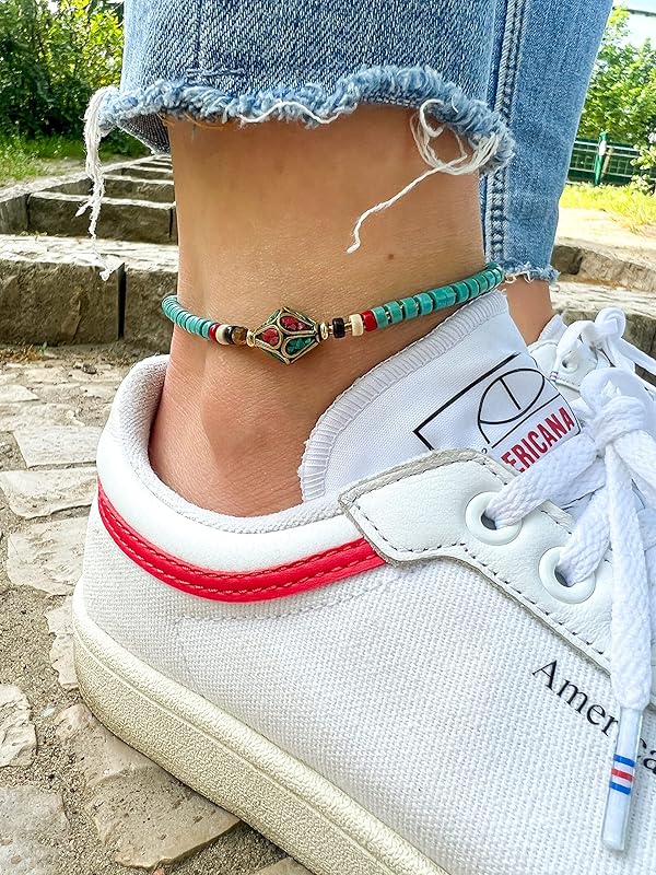 Made by Nami Boho Surfer Anklet Waterproof & Adjustable Beaded Anklets for Women Beachy Ankle Bracelet Made from Waxed Cotton Rope and Beads for Summer and Hippie Style (Blue)