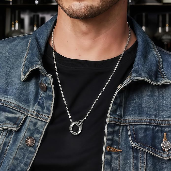 BRAYEG Möbius Strip Men's Necklace, Double Ring Black Onyx Pendant Necklace for Men, Silver Interlocking Circle Mens Necklaces holiday,Jewelry Gift for Him Boyfriend Husband (22+2Inchs)