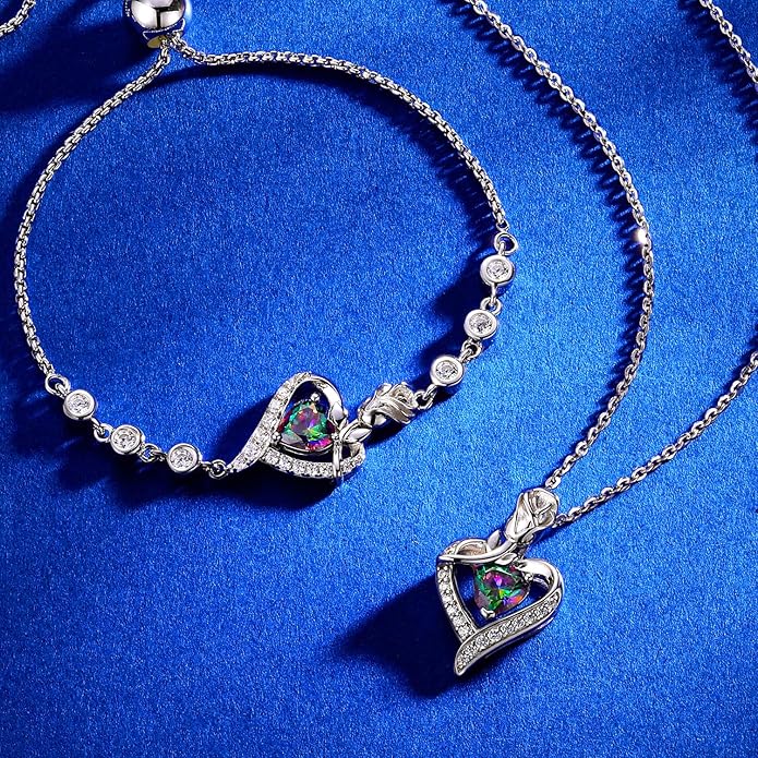 AGVANA Rosy Reverie Birthstone Bracelet for Women Sterling Silver Genuine or Created Gemstone Tennis Bracelet Rose Heart Jewelry Anniversary Birthday Gifts for Women Mom Wife Her