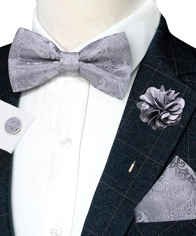 JEMYGINS Paisley Pre-tied Bow Tie and Pocket Square Cufflinks Lapel Pin Sets for Men 4PCS