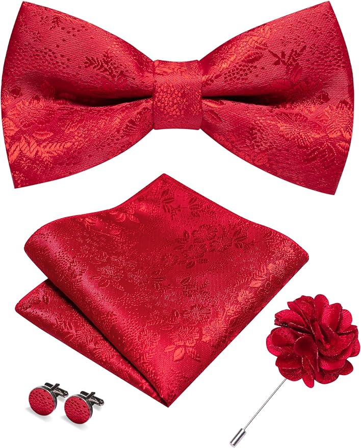 JEMYGINS Floral Pre-tied Bow Tie and Pocket Square Cufflinks Lapel Pin Sets for Men 4PCS