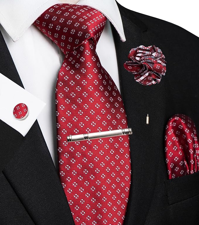 JEMYGINS Mens Tie and Pocket Square,Lapel Pin,Cufflinks,Tie Clip Sets with Gift Box 5PCS