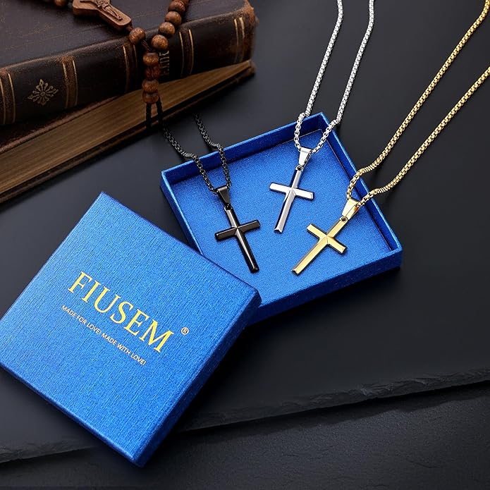 Fiusem Beveled Edge Cross Necklace for Men, Silver Tone/Black/14K Gold Plated Mens Cross Necklace, 2.5MM Stainless Steel Box Chain with Pendant
