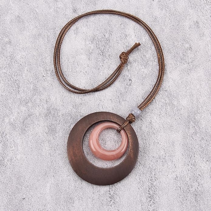 Long Boho Necklaces for Women Vintage Leather Wooden Pendant Y Choker Ethnic Style Gold Circle Hippie Sweater Necklace