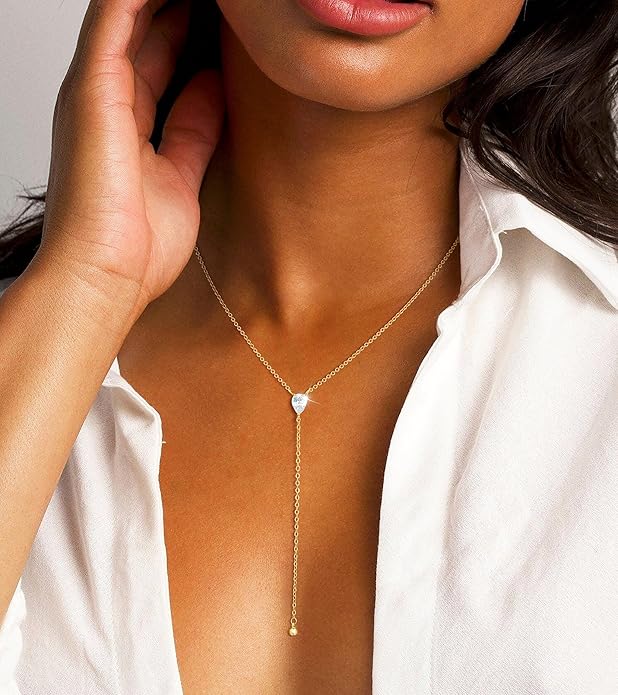 Lariat Gold Necklaces for Women Trendy Dainty Long Necklace 14k Gold Plated/Silver Layered Drop Beaded Chain Necklaces Y-shaped Pendant Necklace Simple Gold Jewelry Gifts