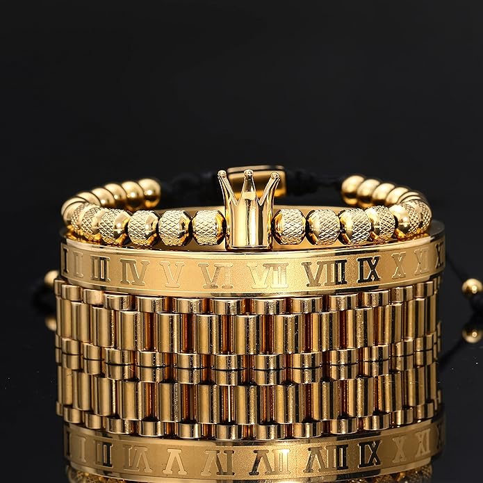 WFYOU 3PCS Stainless Steel Bracelets for Men Gold Roman Numeral Bangle Bracelet Twisted Cable Bracelet Adjustable Cuff Bracelet Mens Luxury Jewelry Bracelets Gifts