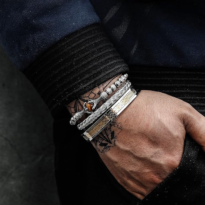 WFYOU 3PCS Stainless Steel Bracelets for Men Gold Roman Numeral Bangle Bracelet Twisted Cable Bracelet Adjustable Cuff Bracelet Mens Luxury Jewelry Bracelets Gifts